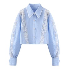 现货2025夏季新款时尚百搭条纹蕾丝拼接短款衬衫上衣FF25X21SB274