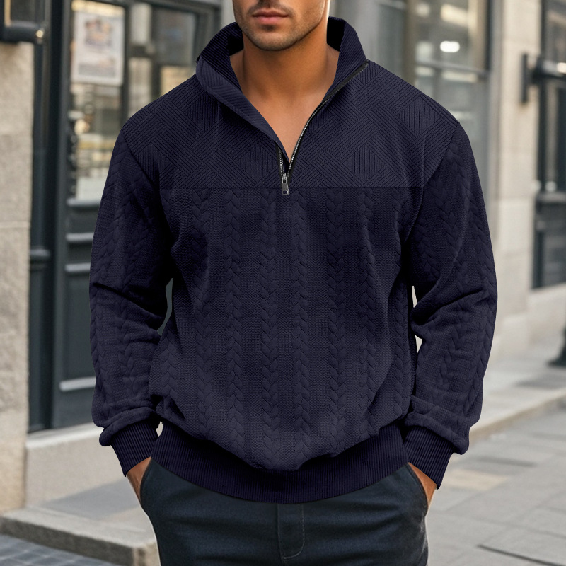 Cross-border retro americano cuello de cremallera casual hookah de punto suelto pesado empalme Jacquard otoño invierno camisa de manga larga