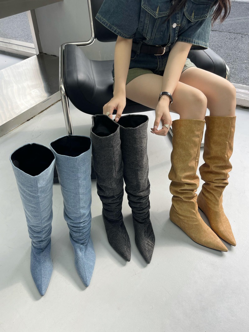 Demi-season denim suede high boots pointed-toe with hidden heel