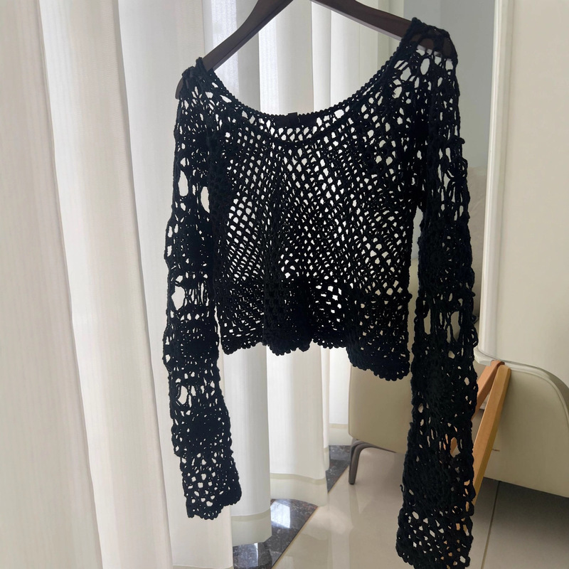 [Handmade Crochet Flowers] New Fashion Exquisite Hollow-Out Knitted Lace Shirt for Women with Three-Dimensional Flowers, Short Style, Round Neck