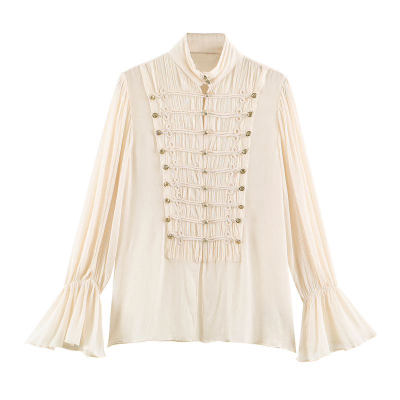 New European and American autumn women's clothing: long-sleeve designer shirt with stand-up collar and knot closure New European and American autumn women's clothing: long-sleeve designer shirt with stand-up collar and knot closure