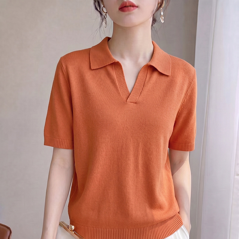 2026 Spring and Summer New Style Tencel Linen Lapel Knitwear Short-Sleeved Women's Pure Color Loose Bottoming Shirt Top T-Shirt 2026 Spring and Summer New Style Tencel Linen Lapel Knitwear Short-Sleeved Women's Pure Color Loose Bottoming Shirt Top T-Shirt