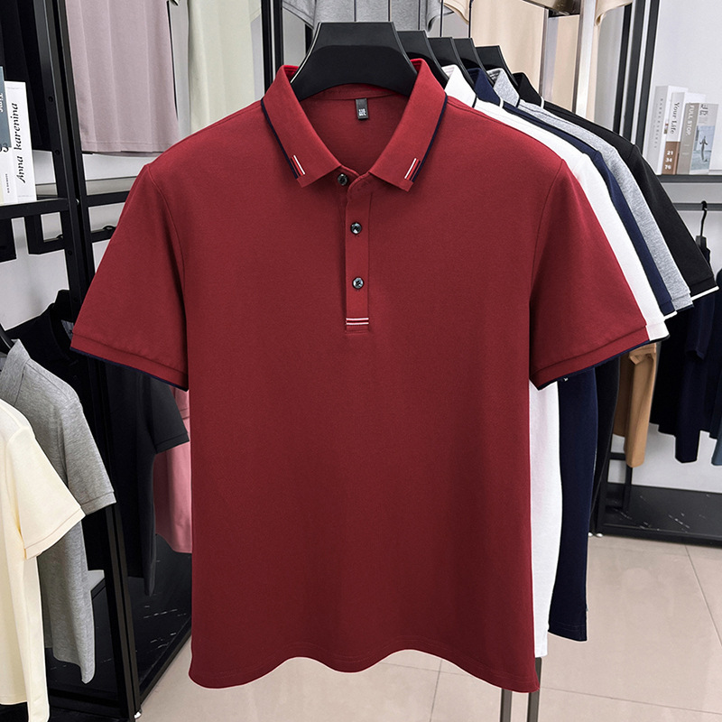 純綿夏の新しいメンズ tシャツ刺繍ハイエンドルーズファッション薄い半袖ラペルアイスシルク半袖メンズ tシャツ|undefined
