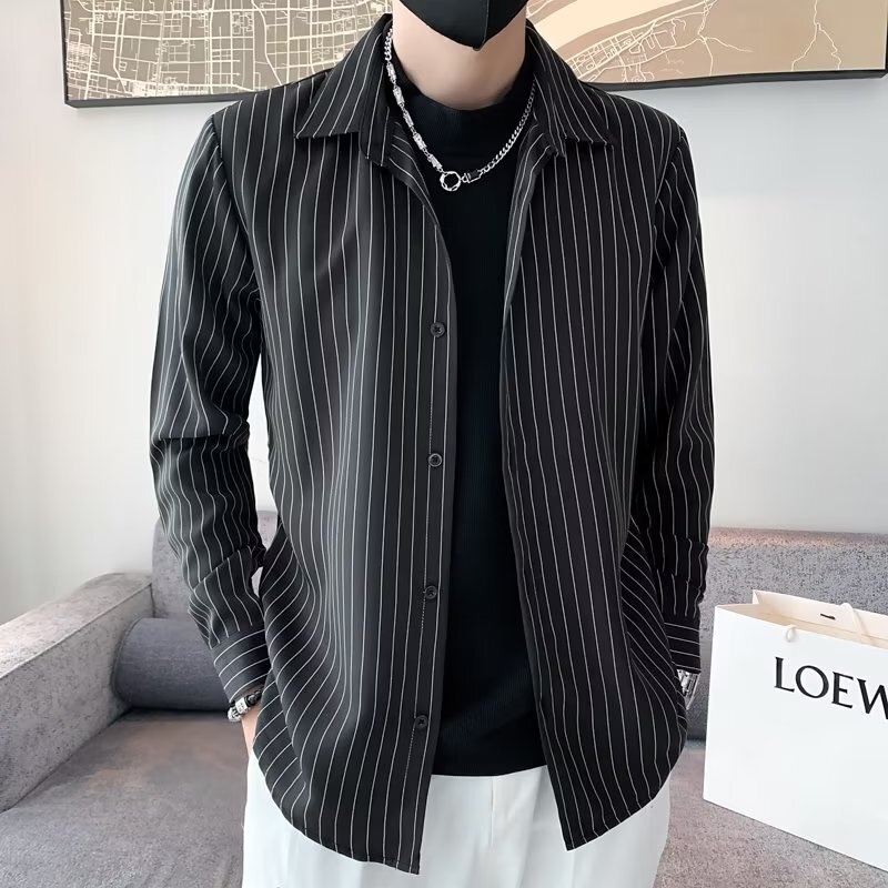 Spring and Autumn high-grade striped casual shirt men's bf fashion brand fake two-piece design slim-fit long-sleeved shirt jacket