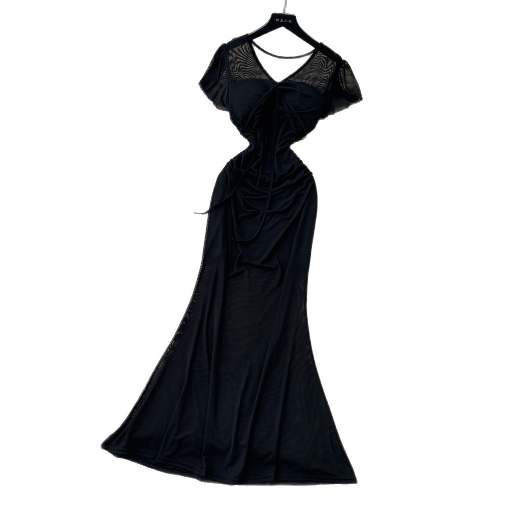 Elegant Red Short Sleeved Dress for Women Korean Style Pleated A-Line Long Skirt Sophisticated Flattering Slimming Work Dress_ecoleips.com