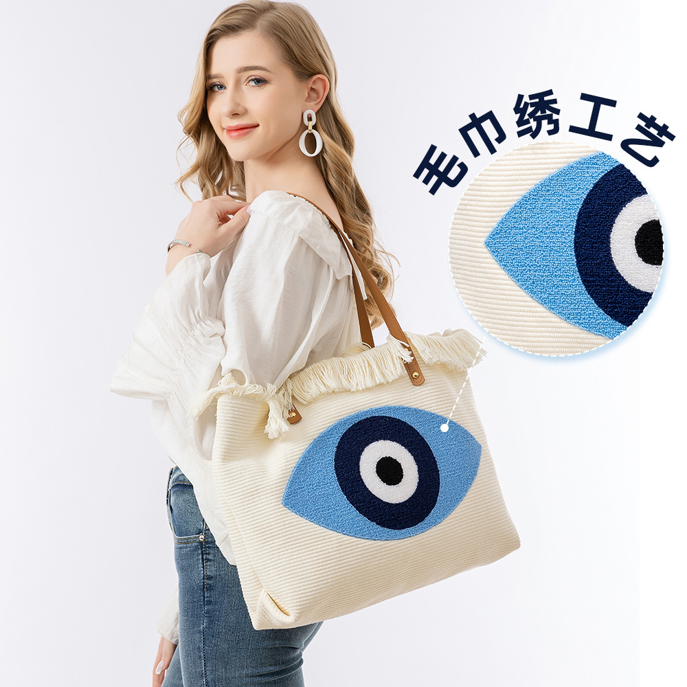 ENSPT毛巾绣托特包 波西米亚帆布女包欧美跨境手提帆布包小众设计