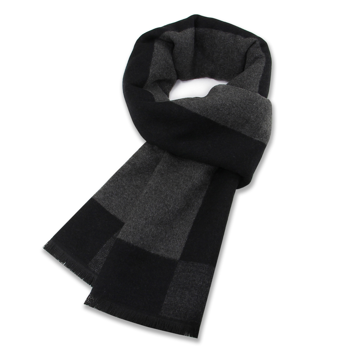 Men's Winter Plaid Scarf Warm Thick Business Casual Black Grey_voghion.com