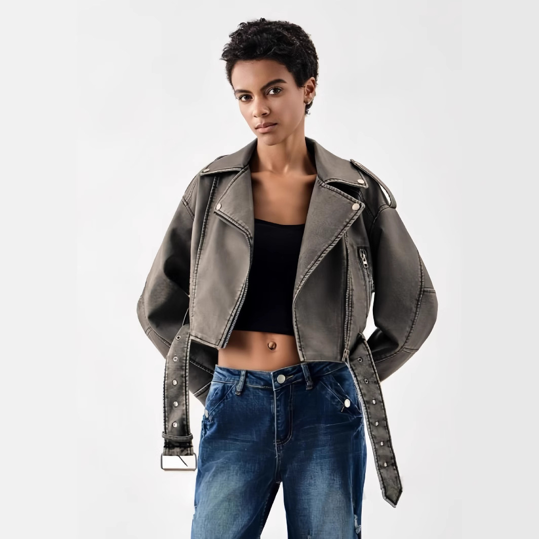 Motorcycle Style Cool Suit Collar Leather Jacket Motorcycle Jacket for Women 2024 Autumn and Winter New Street Short Long-Sleeved Zipper Jacket