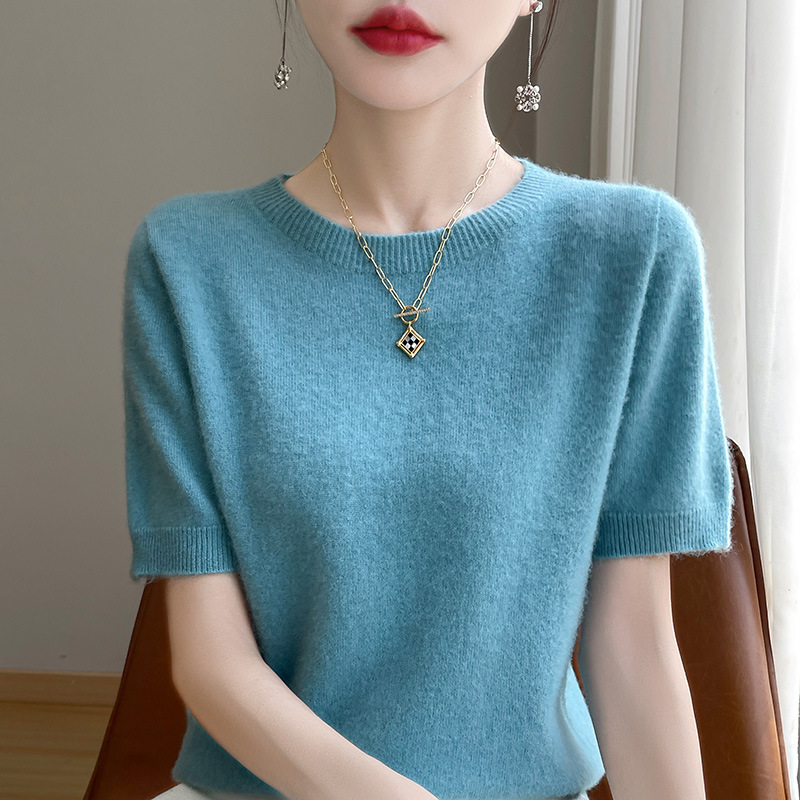 Wool Blend 2026 Autumn and Winter New Women's Ready-To-Wear Round Neck Pullover Short Knit T-Shirt Short Sleeve Base Shirt