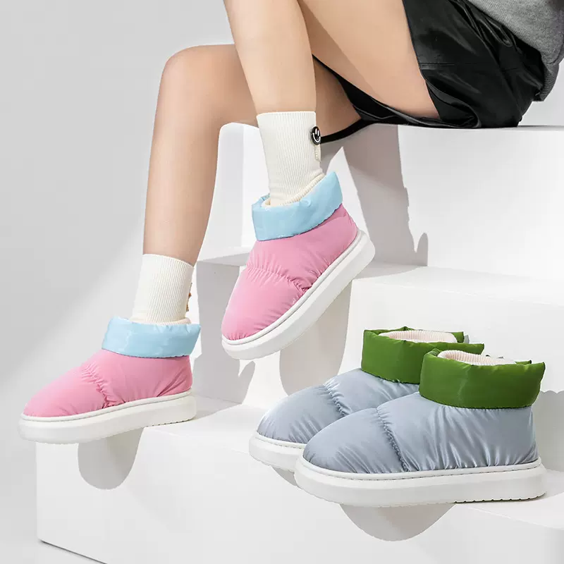 防水羽绒布加绒加厚雪地靴女冬可爱外穿保暖短筒面包棉鞋