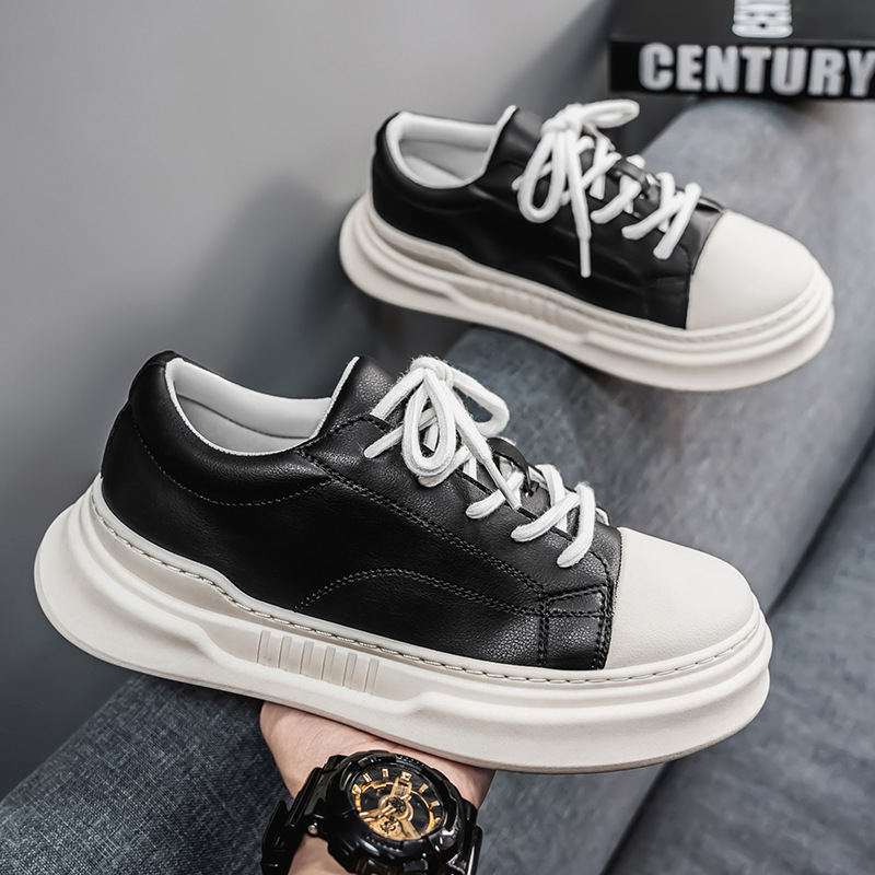 Men's Shoes Spring 2025 New All-match Leather Wide-foot Big-head Casual Sneakers Non-slip Thick-soled Sports Bread Trendy Shoes