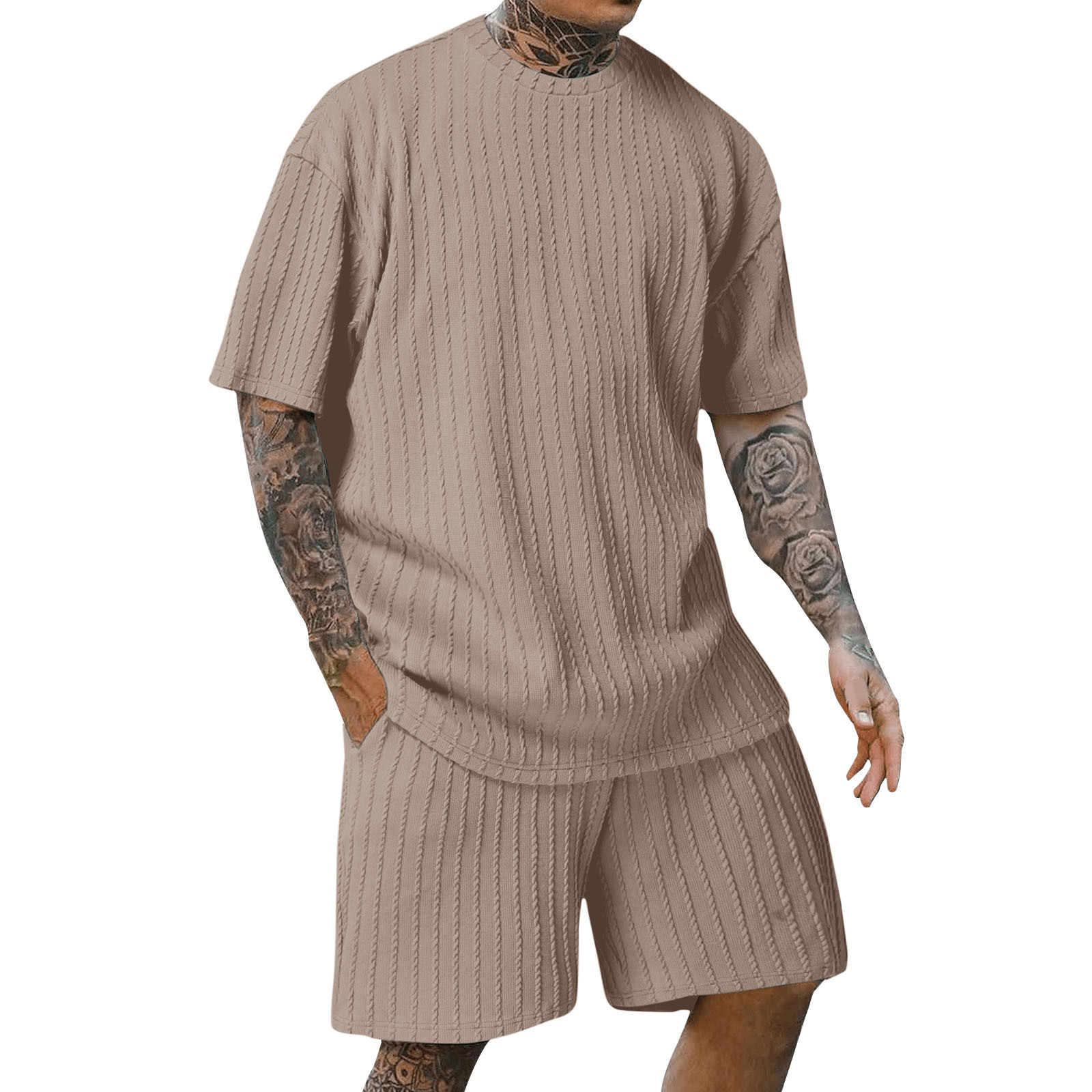 Abbigliamento da uomo, nuovo e più venduto, maglione sportivo da uomo a tinta unita con scollo rotondo e righe verticali, pantaloncini, maniche corte, abito a due pezzi_voghion.com