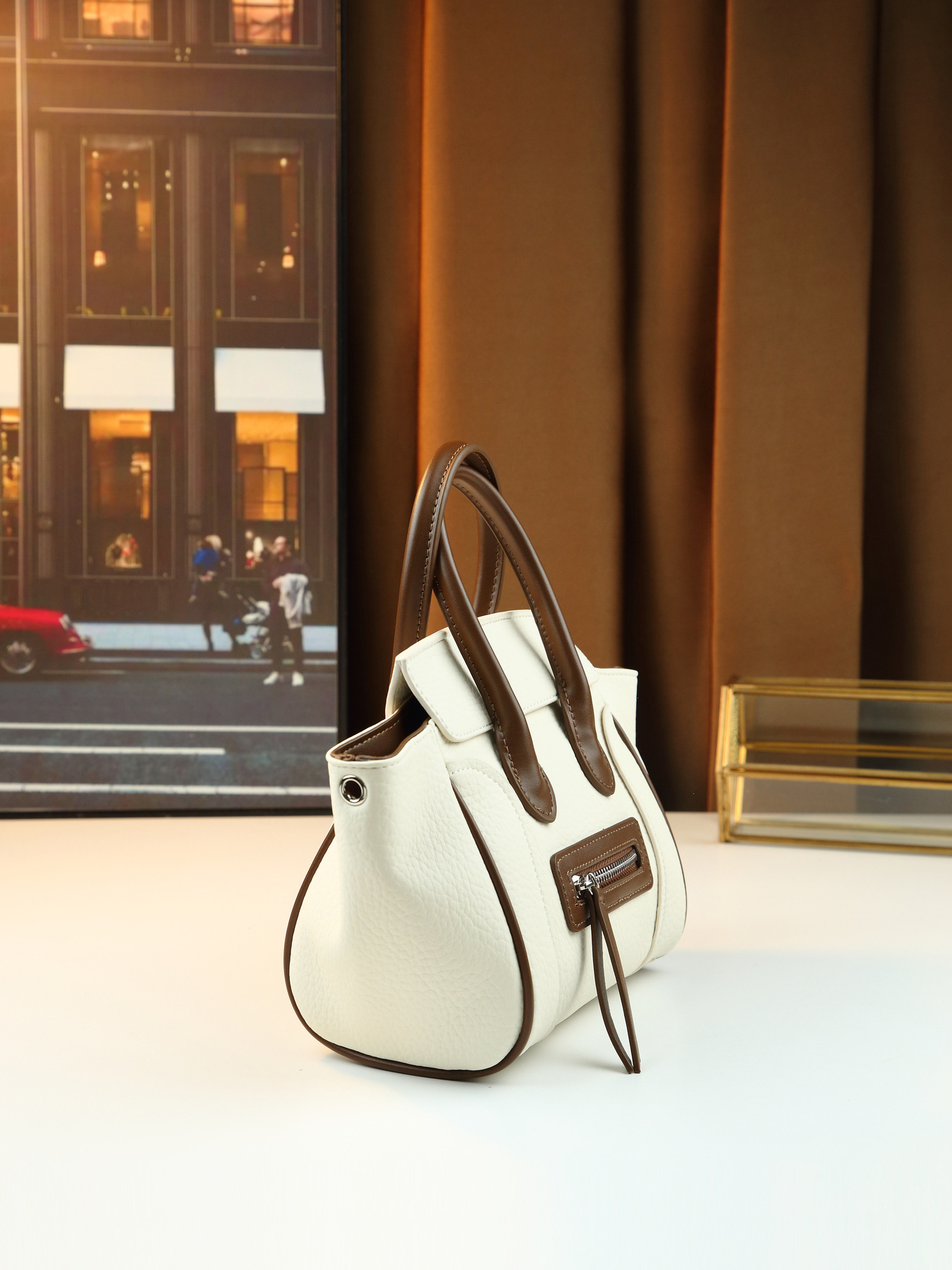 Women's Retro Colour Block Smiley Face Large Pu Leather Tote Bag_voghion.com