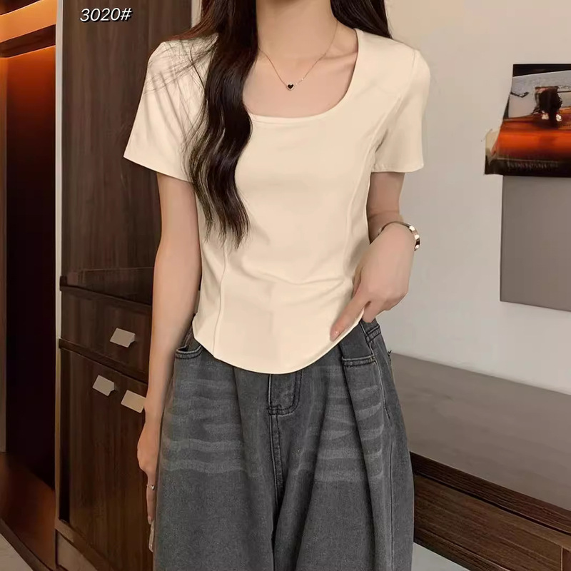 Large U-neck Fishbone short-sleeved T-shirt women's outer wear open collarbone Ant waist slim slimming bottoming shirt Women's Spring top inner wear
