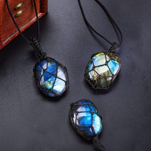 Cross border hot sale natural stone pull feldspar necklace irregular shape moonstone pull rope pendant blue net retro