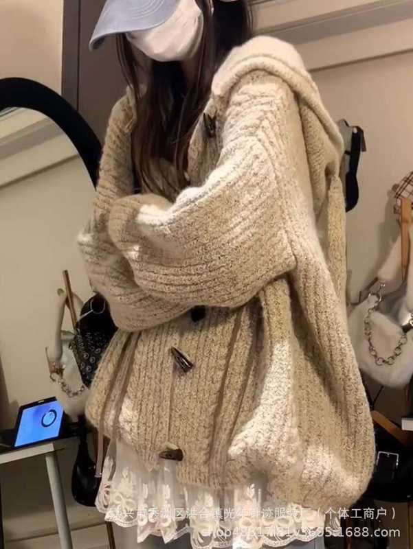 新品温柔卡其色兔耳朵连帽毛衣外套女秋冬季慵懒风宽松显瘦针织衫|undefined