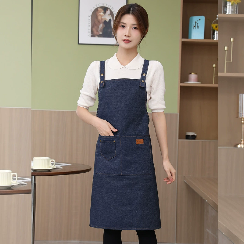 Хлопковый джинсовый фартук с логотипом на кухне питание чай с молоком Цветочный магазин кофе мастерская ремешок водонепроницаемый рабочая одежда женщина