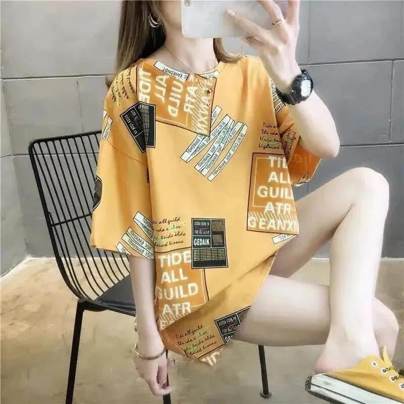 Foreign Trade Mid-Length Short-Sleeved T-Shirt for Women, 2022 Summer New Style, Large Size, Designer Top, Ins Style, Fashionable and Versatile Foreign Trade Mid-Length Short-Sleeved T-Shirt for Women, 2022 Summer New Style, Large Size, Designer Top, Ins Style, Fashionable and Versatile