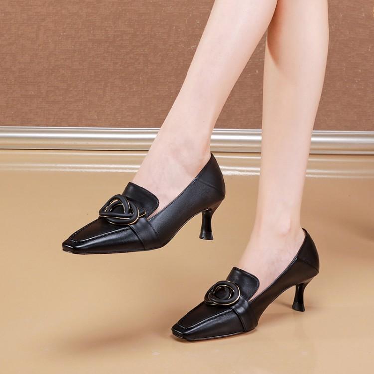 欧美简约秋季羊皮中跟鞋 方头中口猪里皮牛筋底日常女士单鞋F162