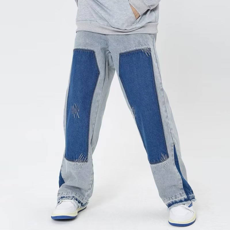 Calça jeans larga colorblock masculina, solta, reta, plus size, plus size, da moda, calça harém japonesa retrô, primavera e verão_voghion.com