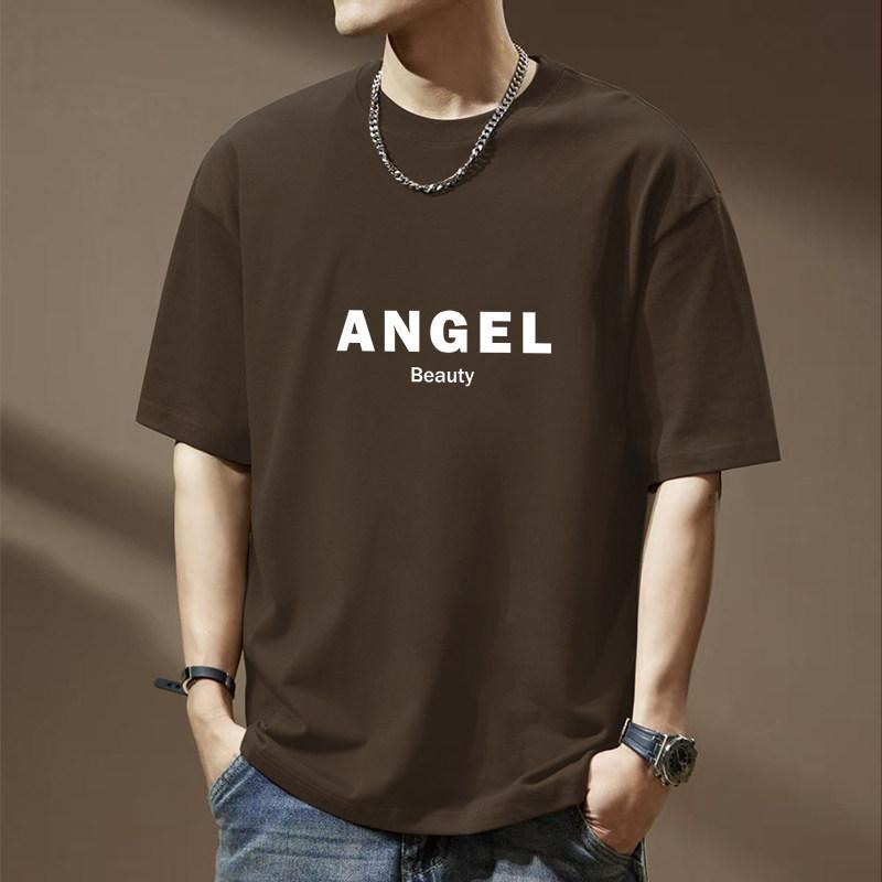 Brown pure cotton short-sleeved t-shirt for men, summer loose fit, plus size, breathable, comfortable, simple letter print.