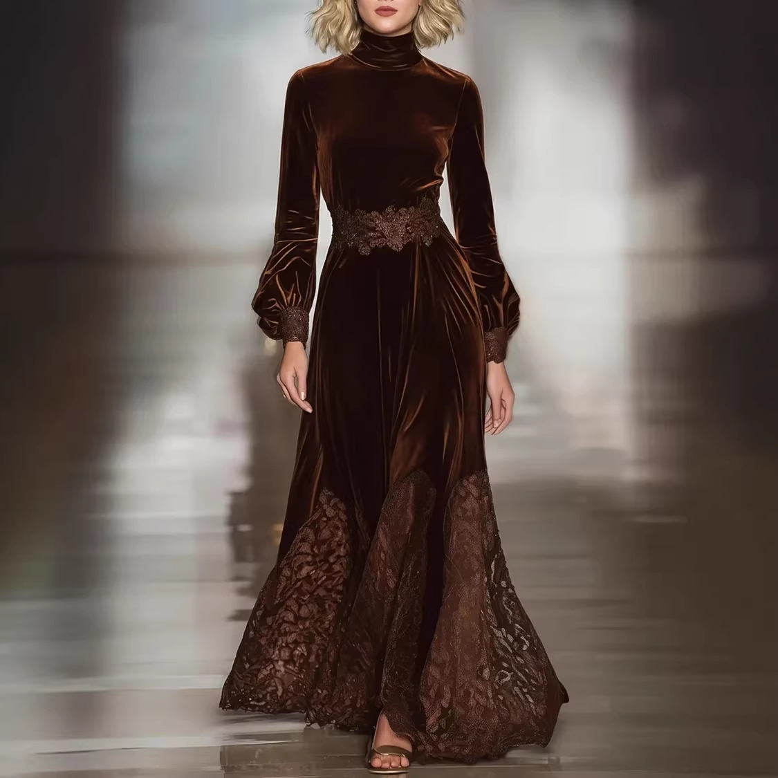 European And American Style Women's Brown Lace Long Sleeve Slim Fit Patchwork Dress 2025 Independent Website_ecoleips.com