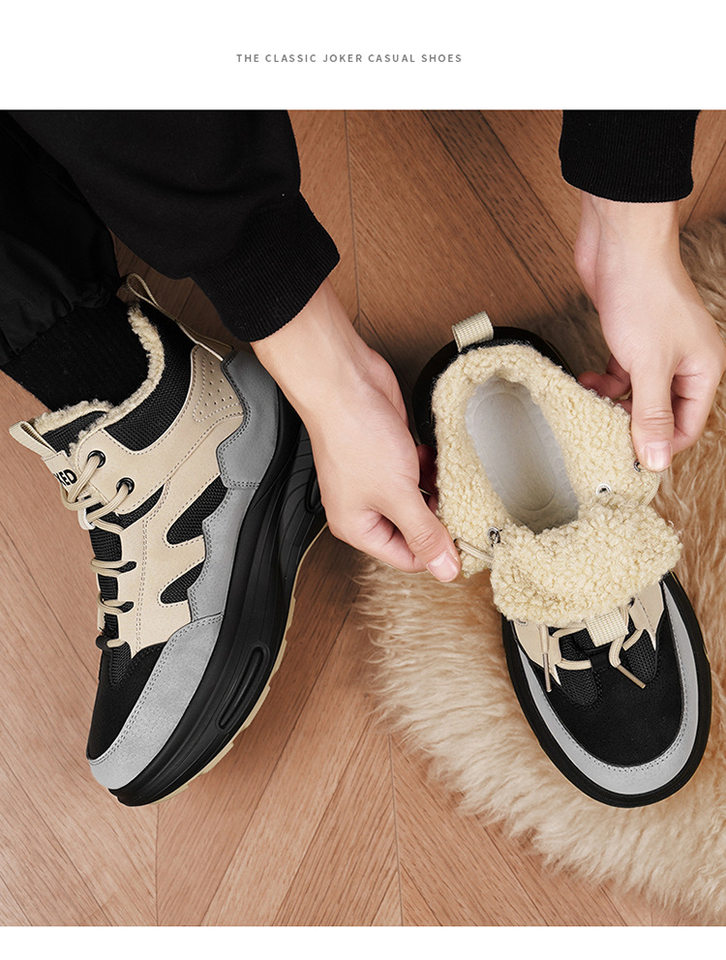 Giày bốt cổ cao lót lông giữ ấm mùa đông cho nam, đế dày, phong cách casual — gạo xám, nâu đen chi tiết 17