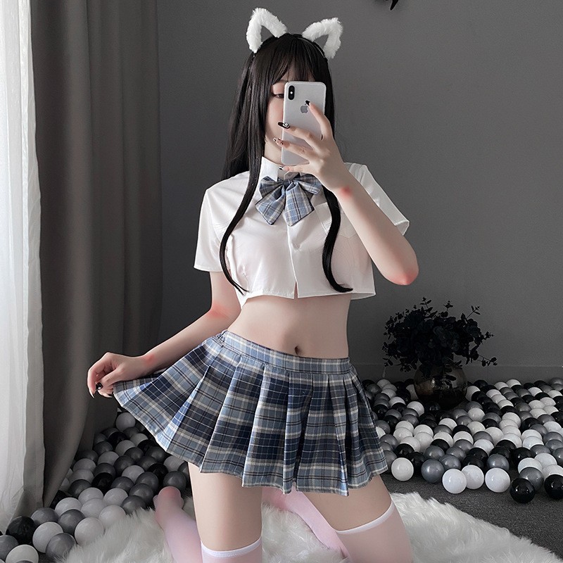 블루 + 화이트 [쇼트 코트 + 스커트 + 속옷 + 나비 넥타이]]