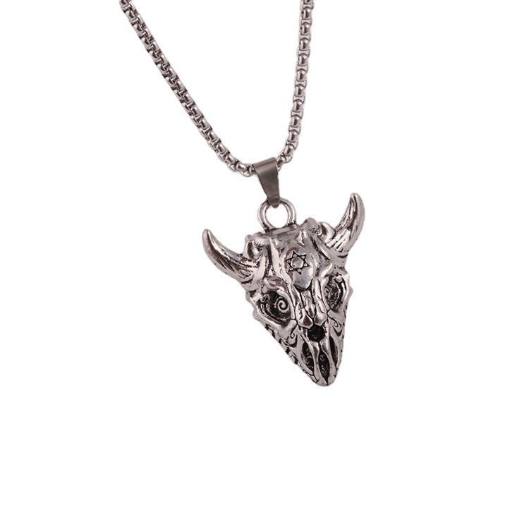 Six pointed Star Dinosaur Skull Mask Pendant Men's Necklace Personalized Trendy Student Sweater Chain Hip Hop_voghion.com