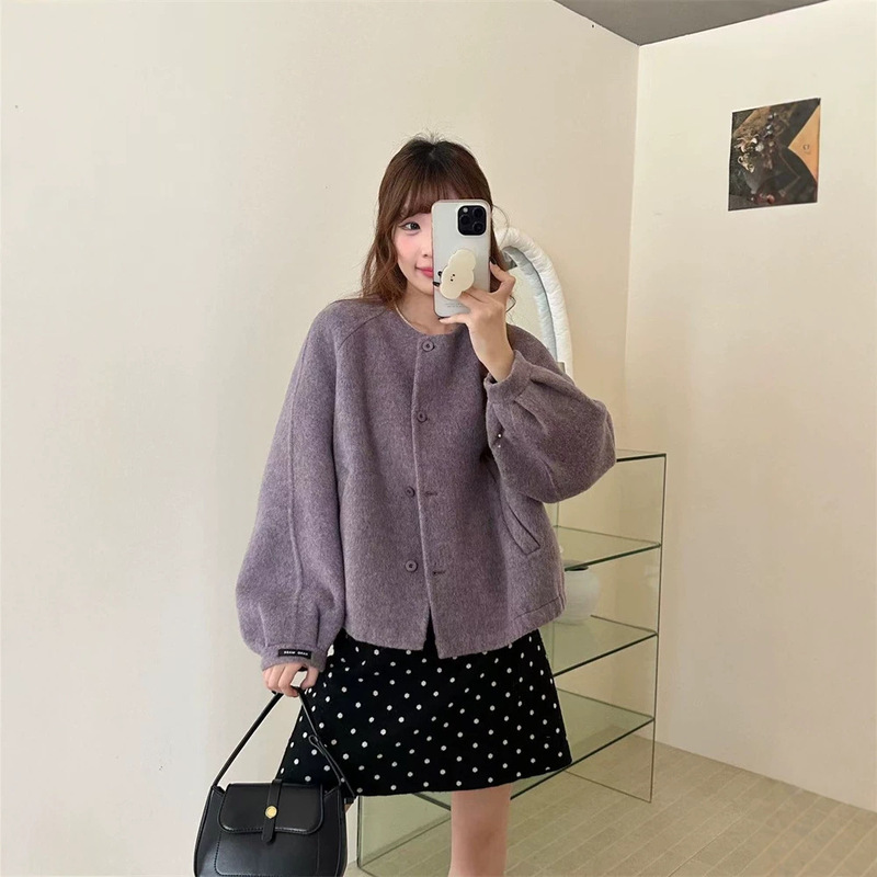 2026 New Simple Korean Style Gentle Purple Round Neck Wool Alpaca Double-Sided Wool Coat Women's Woolen Jacket