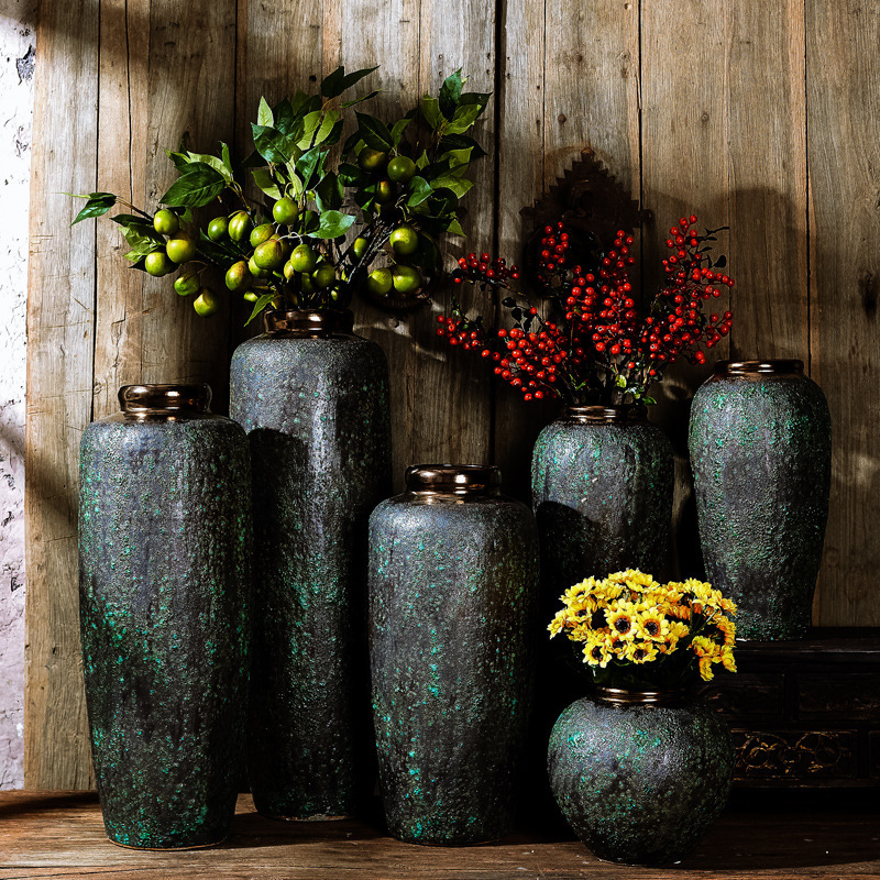 Jingdezhen Ceramic Stoneware Dried Flower-arranging Vintage Old Clay Pot Flower Pot Floor Vase Living Room Ornaments Decoration
