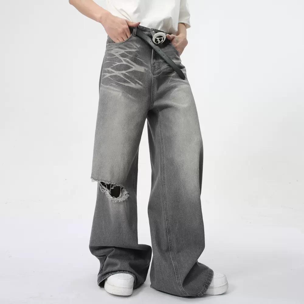 MTLCLOTHES男装|2024夏款新品 复古水洗纹破洞直筒阔腿拖地牛仔裤