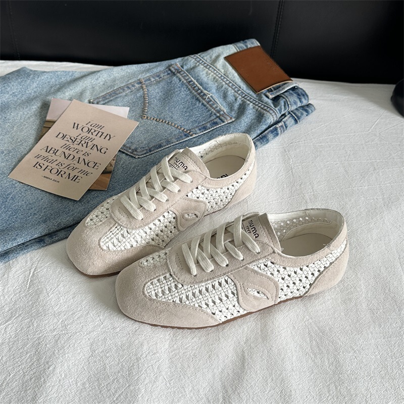 Sheepskin Version ~ Retro Woven Cut Out Breathable Moral Training Shoes for Women Ins Nubuck Leather Mesh Sports and Leisure Forrest Gump Shoes for Women