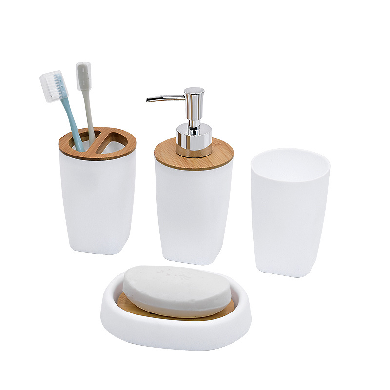 Productos de baño de bambú creativos de hotel de baño botella de desinfectante de manos taza de lavado conjunto de higiene set 4 piezas