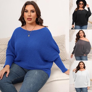 Women's pullover woven sweater cross-border European and American plus size women's autumn and winter batwing sleeve off-shoulder loose sweater