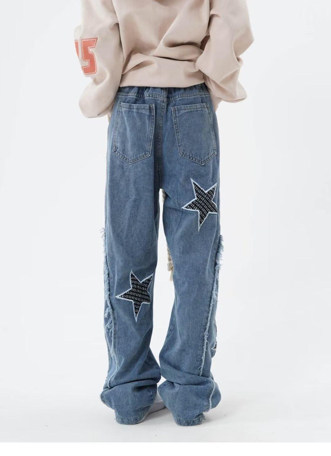 High Street Flared Ripped Light Blue Jeans Couple Loose Patchwork Casual Pants Men Hip Hop 2025 Trend_viptrois.com