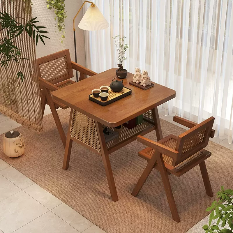 实木阳台小茶桌休闲喝茶桌椅组合1桌2椅洽谈桌双层储物藤编三件套