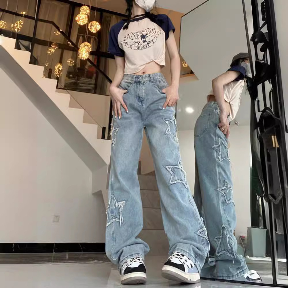 Five-Pointed Star Patch Jeans for Women Spring & Fall New Loose Wide-Leg Pants Embroidered High-Waist Personalized Straight-Leg Floor-Length Pants