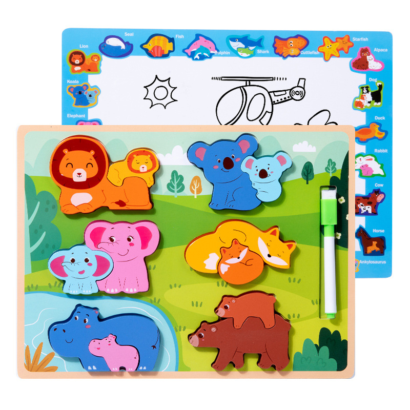 Madera infantil educación temprana 3D estereoscópica padres-hijos puzzle tablero de dibujo 2 en 1 cognición animal puzzle bloques de construcción juguetes de puzzle