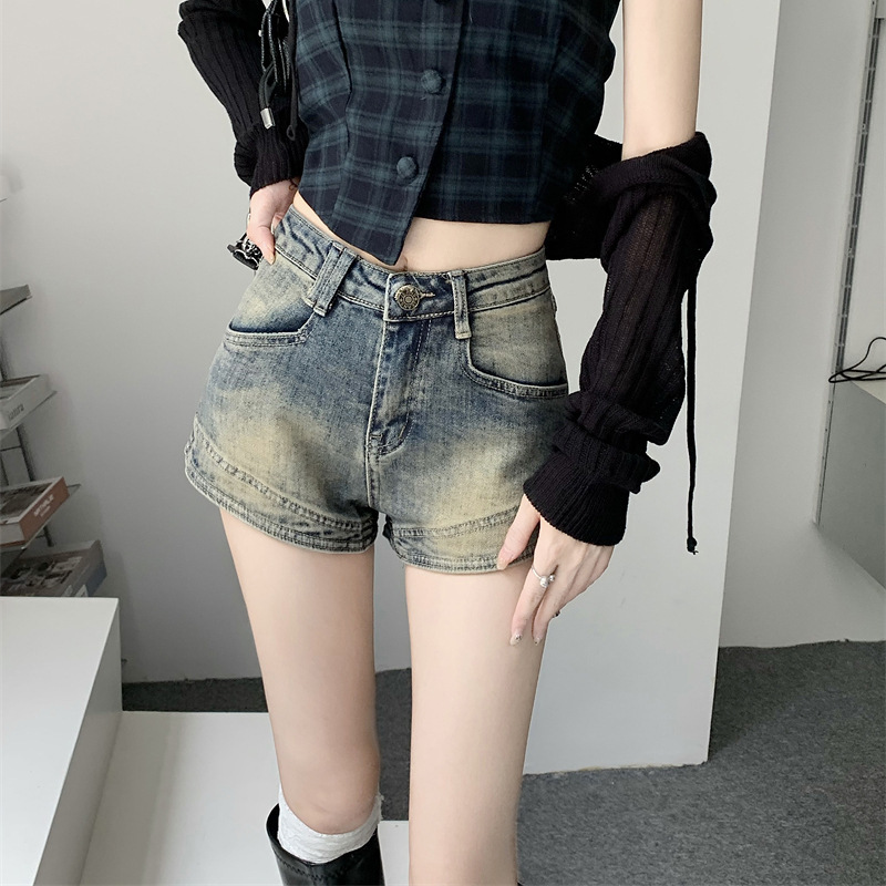 Distressed Retro Jeans Straight Pants Summer Versatile Simple New Jeans Light Color Washed Button Shorts for Women Distressed Retro Jeans Straight Pants Summer Versatile Simple New Jeans Light Color Washed Button Shorts for Women