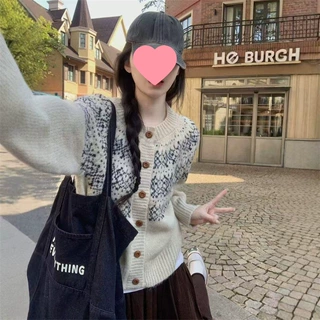 学院风费尔岛提花开衫女春秋慵懒风针织衫氛围感毛衣外套打底内搭