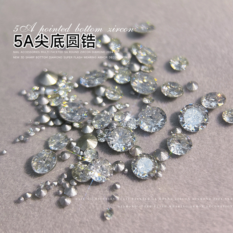 5A Pointed Bottom Round Zircon Diamond Nail Art Jewelry High-quality Flash Light Luxury White Mini Shaped Diamond Nail Accessories Wholesale