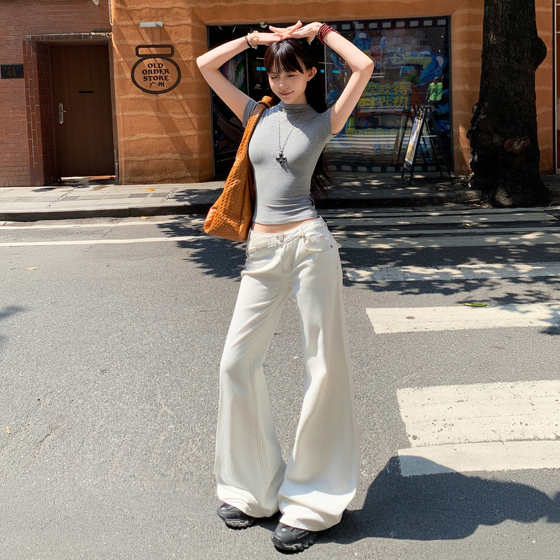 Raccoon House # American Retro Irregular Waistband Design Back Flap Pocket Jeans Women's Off-White Wide-Leg Pants Trendy