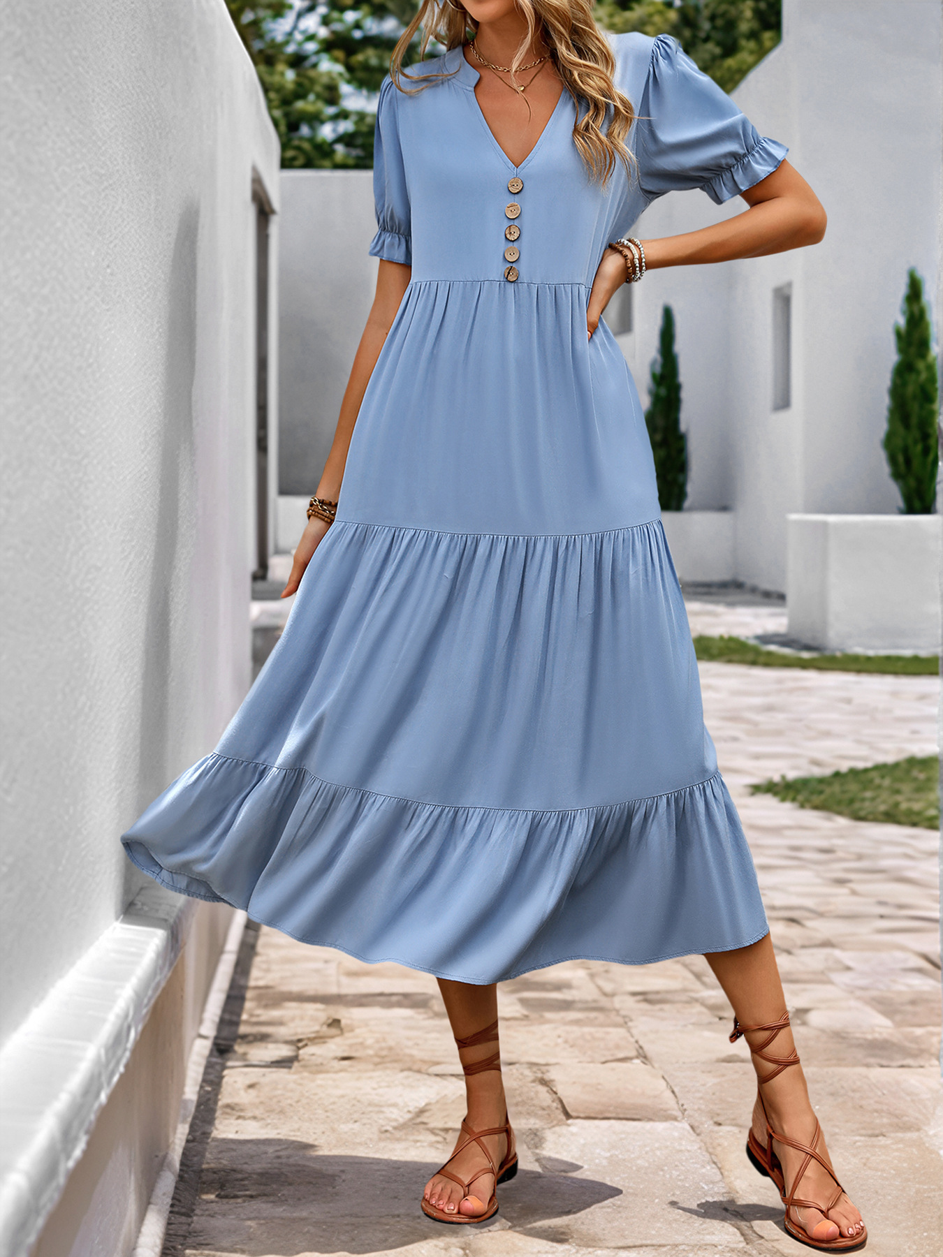 Long Skirt Summer A-Line Casual Small Stand-Up Collar Dress_ecoleips.com
