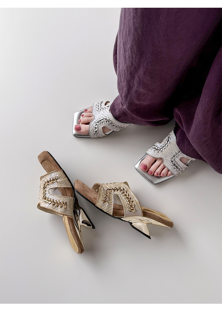 Sandal cao gót nữ mũi vuông kiểu Pháp, đế xuồng đan, quai ngang hở mũi, màu vàng champagne — 5451 Vàng Champagne chi tiết 6