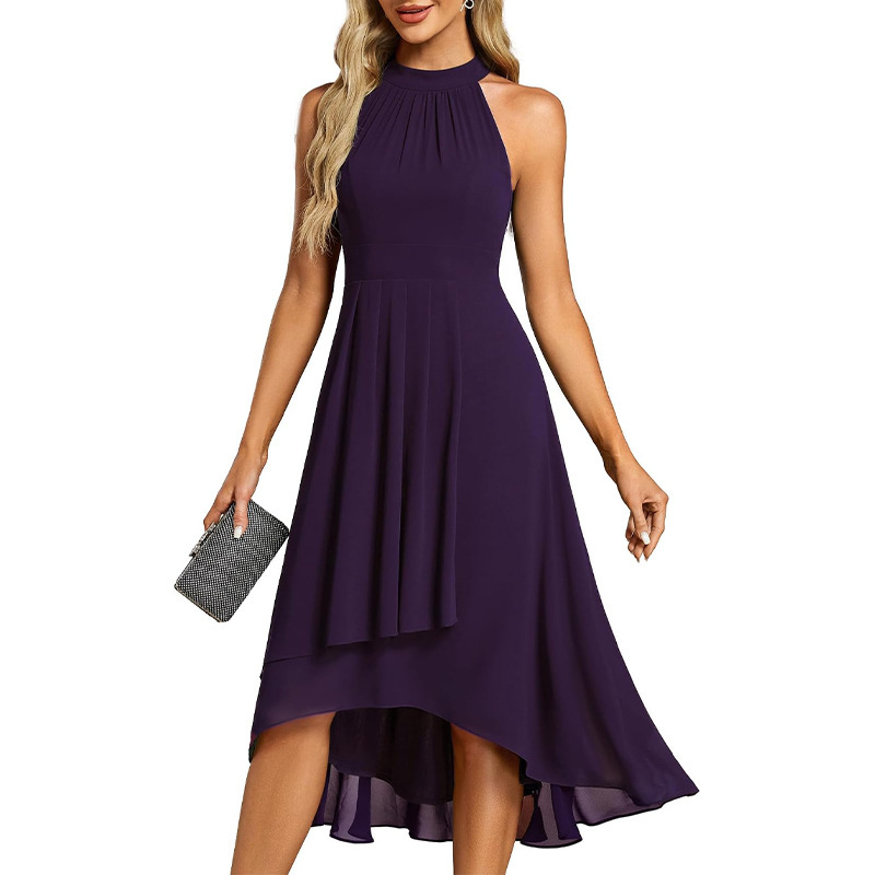 Amazon Cross-Border New Sleeveless Halterneck Dress Women's Wedding Banquet Guest Dress Cocktail Party Skirt