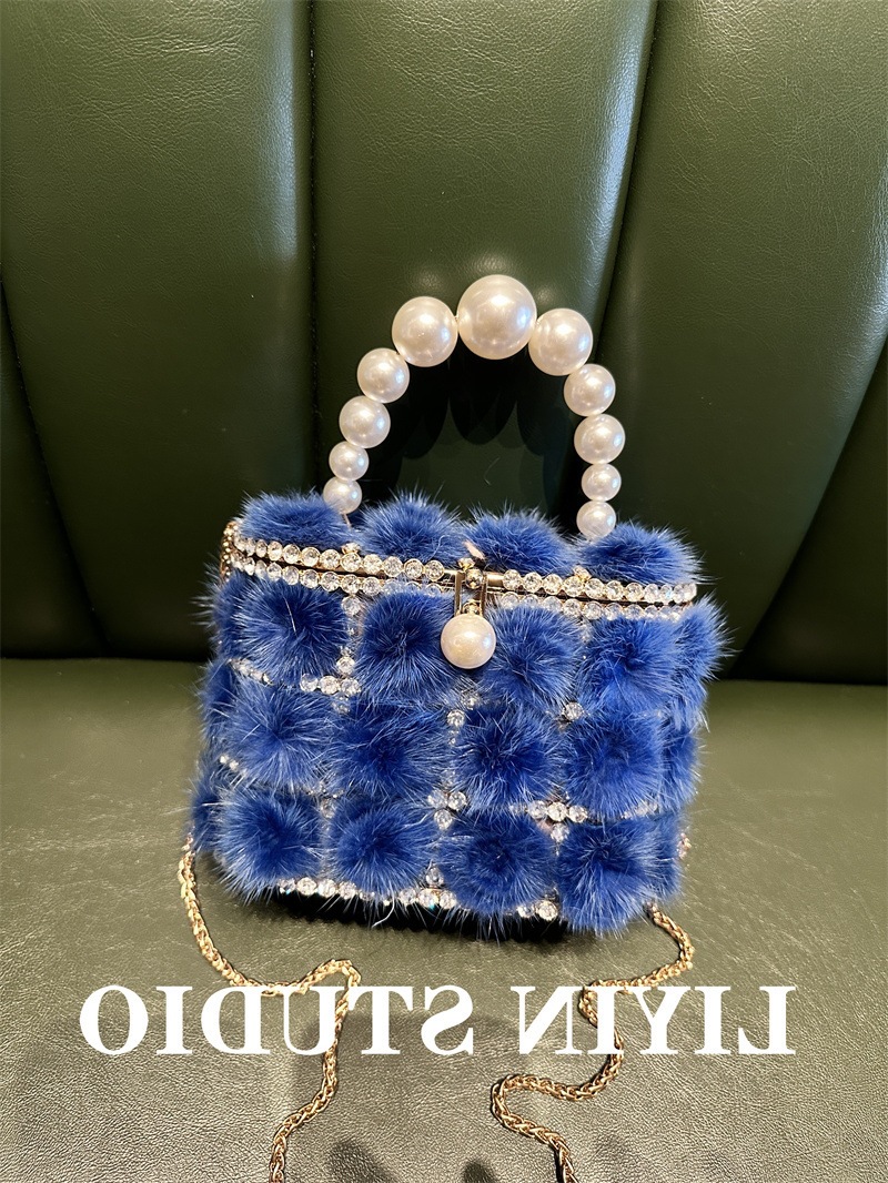 Cross-Border Metal Pearl Mink Faux Fur Bucket Bag, Sparkling Rhinestone Birdcage Handbag And Crossbody Bag For Banquets - Thumbnail 4