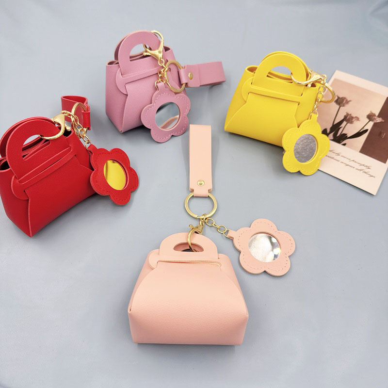 Korean Style Creative Leather Bag Keychain Leather Mini Flower Mirror Storage Small Bag Pendant Storage Small Bag