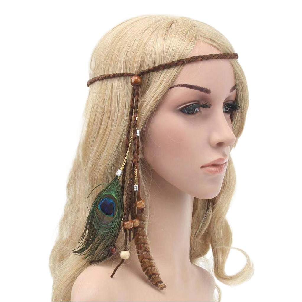 Directo de fábrica punto escénico tocado de plumas de pavo real banda de pelo de plumas de estilo étnico bohemio indio diadema