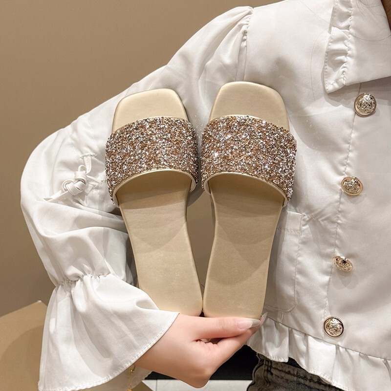 女性の靴の底の外はスリッパの新型のファッションの金色のドリルのシンプルで快適な砂浜の女性の靴の底のスリッパの大きいサイズを着ます。|undefined
